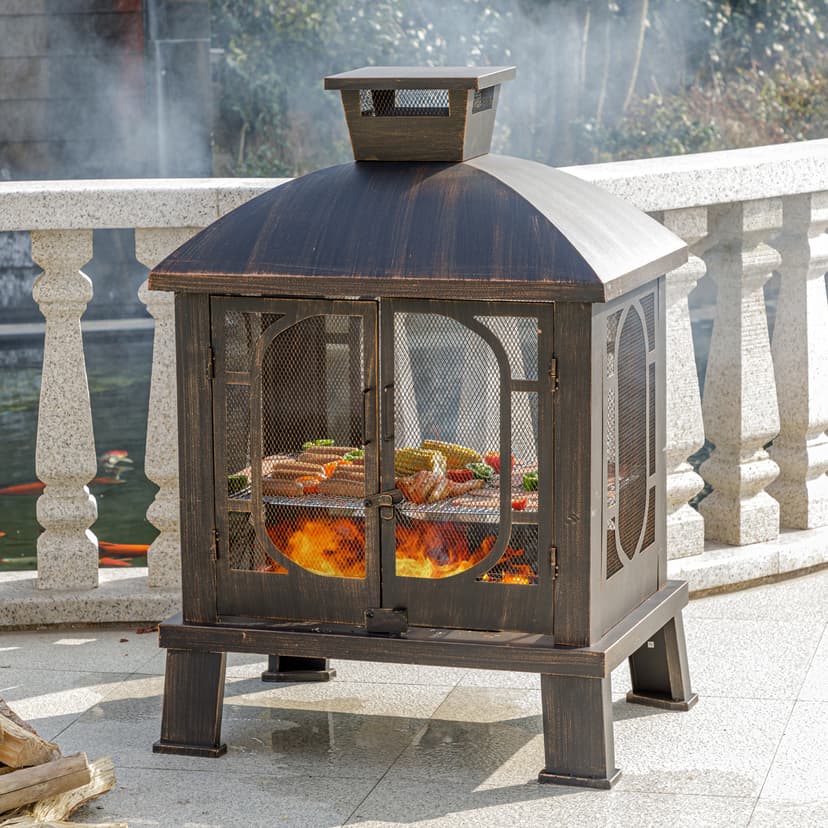 45" H×31''W Metal Chiminea Fire Pit with Grill, Wood Burning Fire Pits for Outside,Square Chimineas Fireplace with Mesh Spark Screen Door& Fire Poker for Garden,Yard,BBQ,Bonfire