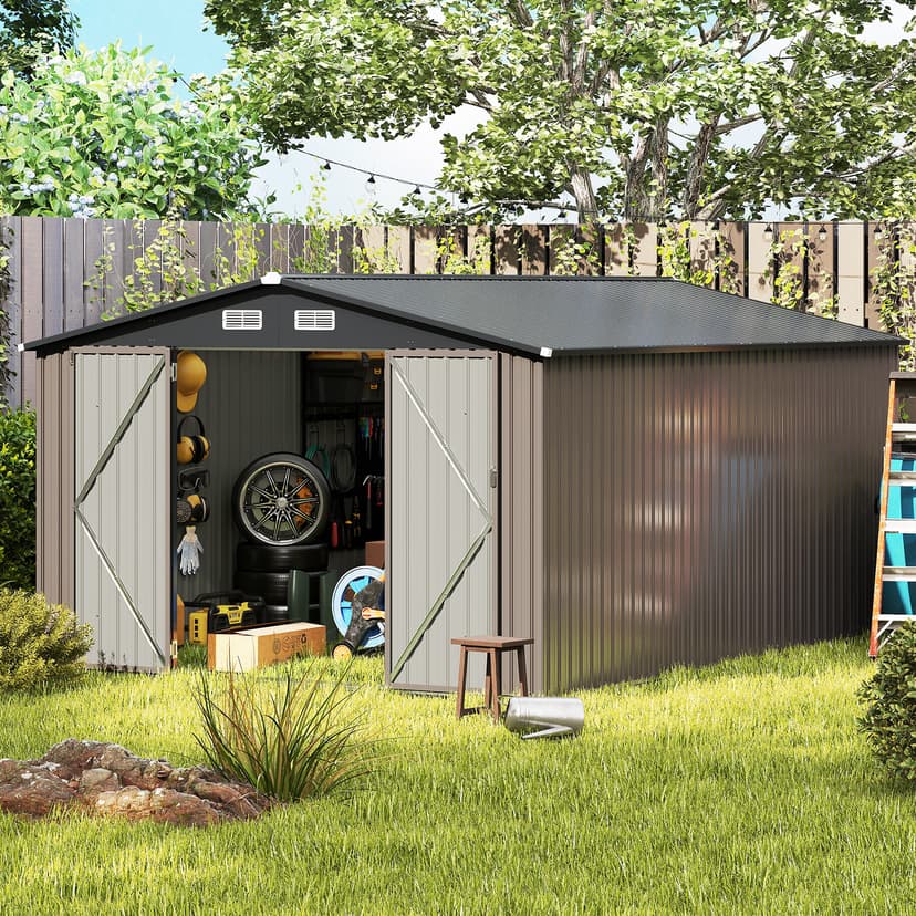 Goplus 10 x 14 FT Outdoor Storage Shed, Large Garden Tool House w/Improved Windproof Metal Structure, 4 Vents, Lockable Door, Waterproof Utility Tool Organizer for Backyard, Lawn, Patio