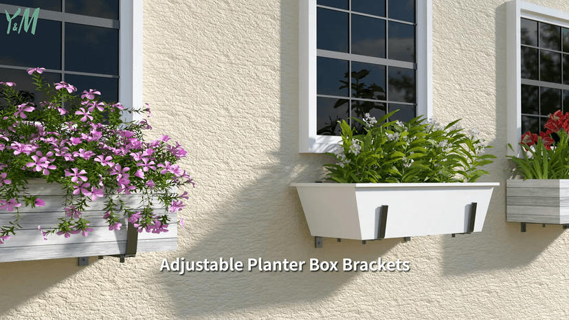 Y&M 2 Pack Adjustable Planter Box Brackets (6 to 12.5 in), Universal Window Box Brackets, Heavy Duty Iron Flower Box Wall Mounting Hooks for Balcony, Fences, Patio, and Garden - Black
