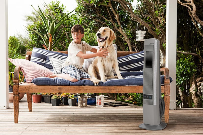 Lasko Outdoor Living Oscillating Tower Fan, for Decks, Patios and Porches, 10 Foot Power Cord, 4 Refreshing Speeds, 42", Grey, YF202