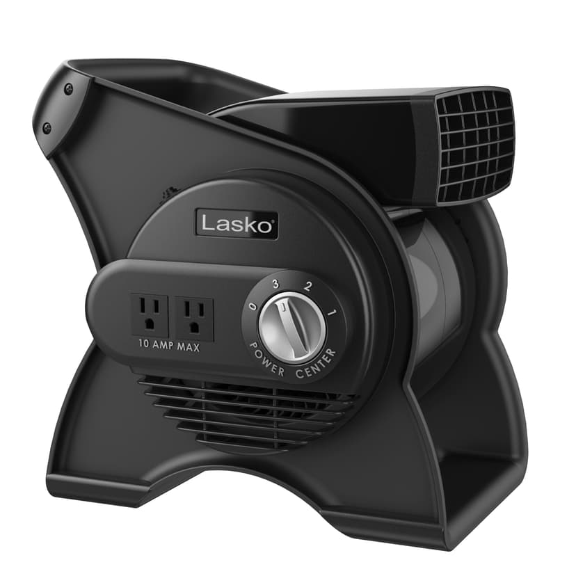 Lasko 12” Utility Fan for Job Site or Home Use, 289 CFM, Pivoting High Velocity Blower Fans, 3 Speeds, 2 Accessory Outlets 120V, Black, U12104