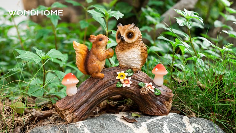 Solar Owl Garden Statues Outdoor Decor Resin Owl Squirrel Figurine with Mushroom Lights for Patio Lawn Yard Decorations Christmas Housewarming Gardening Gifts for Women Mom