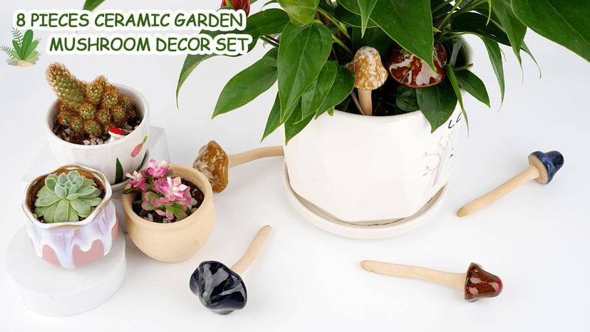 8Pcs Ceramic Garden Mushrooms Figurine Decorative Plants Stakes Accessories Lawn Ornaments Statue for Outdoor (Random Color) (Blooming-1)