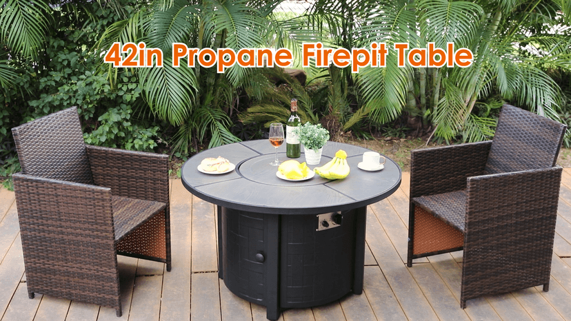TLGREEN Propane Fire Pit Table 42in, 50,000 BTU Auto-Ignition Round Gas Fire Pits for Outside Patio, Fire Table with Waterproof Cover, Blue Stone and Lid, CSA Certification