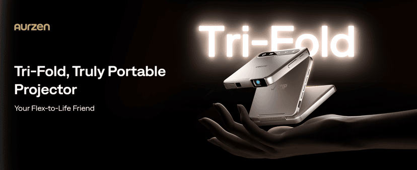 ZIP Tri-Fold Truly Portable DLP Projector, Pocket Size, Zero-Lag Focus, One-Click Screen Mirroring, Full-Screen Mode, Type-C Fast Charging, 5,000mAh Battery, Indoor Outdoor Mini Projector, Gold
