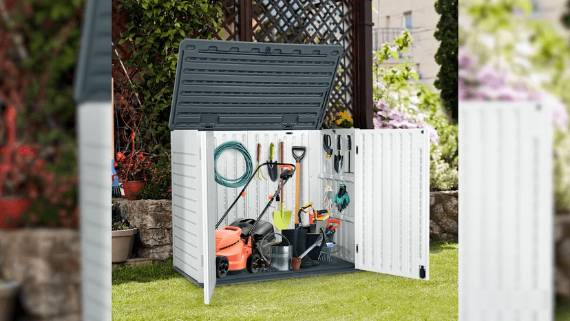 DWVO Outdoor Weather-Resistant Horizontal Storage Shed, 35 Cu Ft Capacity, Lockable and Waterproof, Suitable for Storing Garden Tools, Light Gray
