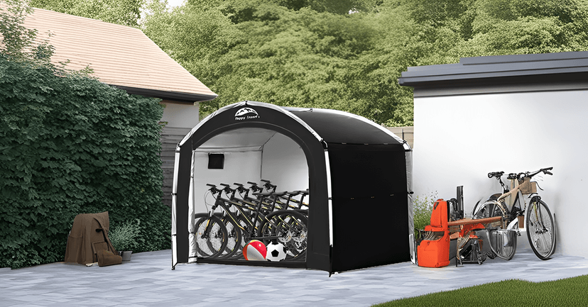 Happy Travel Bike Storage Tent Shed, Outdoor Waterproof Bicycle Covers Shelter with Window for 2/4/6/8 Bikes,Oversized Outside Portable Sheds for Lawn Mower,Garden Tools (Black)