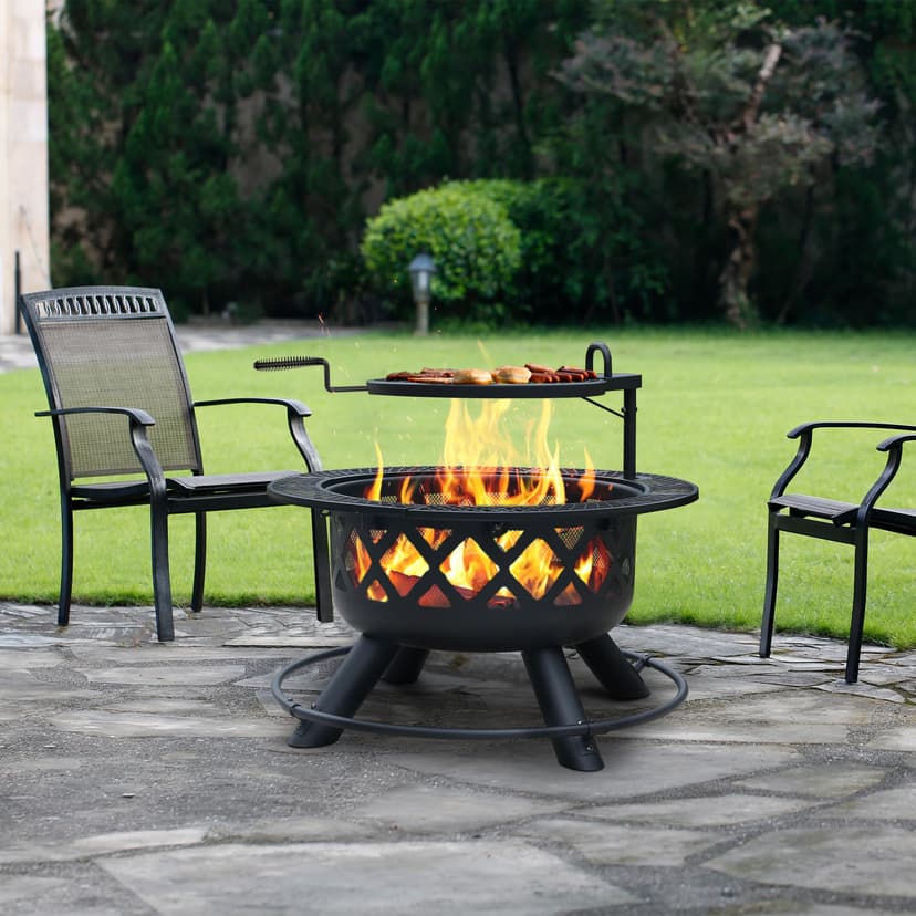 BALI OUTDOORS Fire Pit with Poker, 32 inch Outdoor Fire Pit Patio, Wood Burning Firepits for Outside with Grill