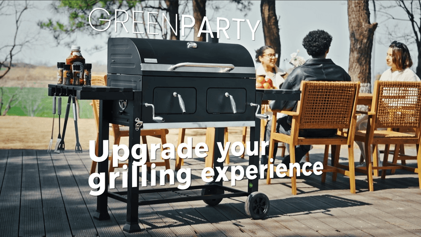GREEN PARTY Barrel Charcoal Grill with Side Tables, 794 Square Inches Cooking Space, Large Charcoal BBQ Grill with 2 Height-Adjustable Charcoal Pans for Outdoor Backyard Patio Picnic Parties Camping