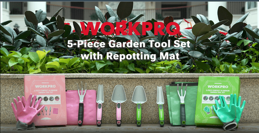 WORKPRO 5PCS Garden Tool Set, Powder Coating Compact Aluminum Gardening Tool Set with Repotting Mat, Outdoor Garden Hand Tools, Ideal Gardening Gift, Pink