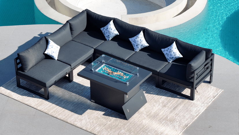NICESOUL Modern Aluminum Outdoor Furniture Set with Propane/Gas Fire Pit, 29" Deep Seat Wide All Weather Outdoor Conversation Set, 7 Piece L-Shaped Modular Sectional Sofa for Poolside, Dark Gray