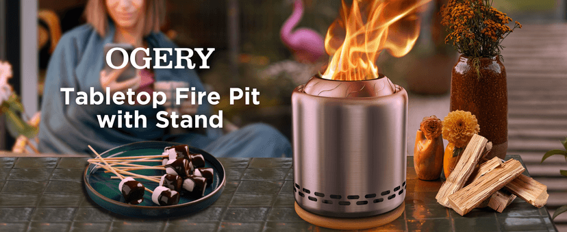 OGERY Stove Tabletop Fire Pit with Stand 7.9 x 6.1 in, Smokeless Firepit Camping Outdoor Table Top Firepit for Urban & Suburbs with Portable Travel Bag, Fueled by Pellets or Wood, Stainless Steel