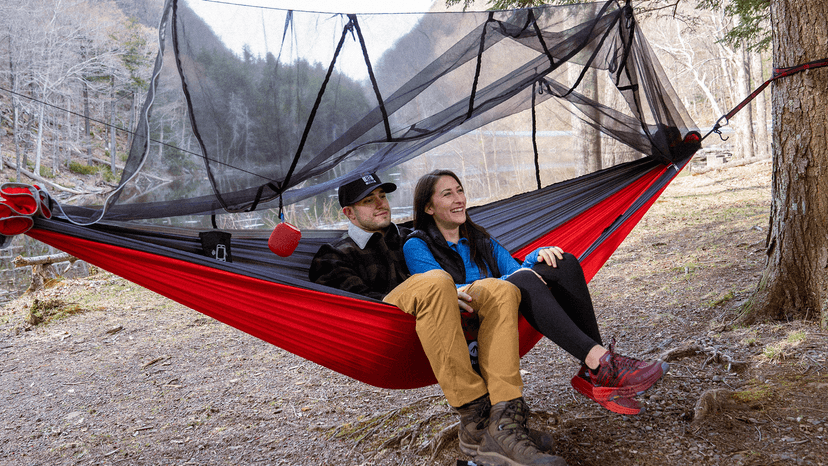 Easthills Outdoors Jungle Explorer 118" x 79" Double Camping Hammock Lightweight Rip-Stop Parachute Nylon 2 Person Hammocks with Removable Bug Net, Tree Straps and Tarp Blue