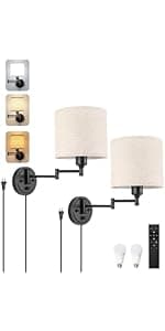 Plug in Wall Sconces, Wall Sconce Lighting with Dimmable On Off Switch, Swing Arm Wall Lamp, Black Metal Industrial Wall Light Fixtures, Safety E26 Base, 6FT Plug in Cord