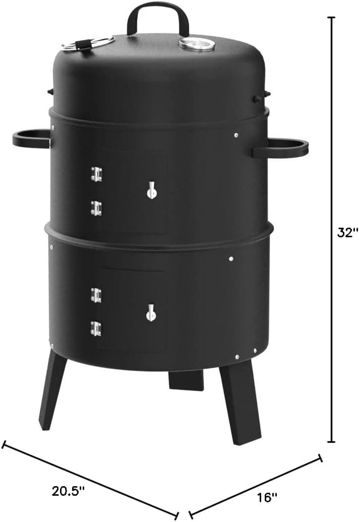 Giantex 3-in-1 Outdoor Smoker Grill, Portable Charcoal BBQ Grill with Smoker Combo, Built-in Thermometer and Air Vent, 6 Hooks, 2 Layers Vertical Steel Charcoal Smoker for Outdoor Cooking Camping