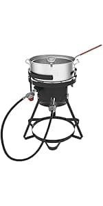 Nexgrill 18 Qt Aluminum Fish Fryer with Crawfish Boiler Pot & Double Strainer Basket for Poultry, Seafood, and More, 58,000 BTU Outdoor Deep Fryer, Welded Steel Stand & Included Thermometer - 840-0006