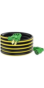 RVGUARD 50 Amp 15 Foot RV Power Cord, 14-50P to SS2-50R Generator Extension Cord, Heavy Duty STW Cord with LED Power Indicator and Cord Organizer, Green, ETL Listed