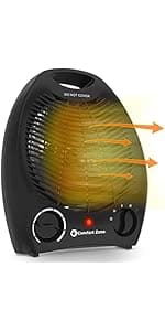 Comfort Zone Electric Portable Utility Space Heater with Adjustable Thermostat, Overheat Protection, & Tip-Over Switch, 1500W, CZ799BK