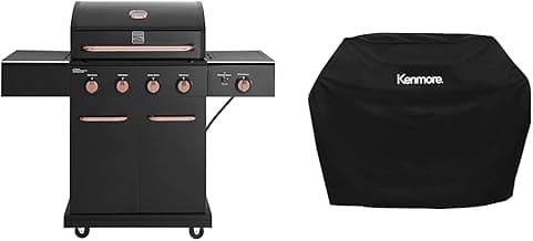 Kenmore 4 Burner Cabinet Style Propane Gas BBQ Grill with Searing Side Burner, 52000 Total BTU, Black and Copper | Kenmore Grill Cover for Outdoor Grill, 56 Inch, Waterproof
