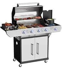 4 Led Burner Propane Gas Grill with Side Burner, Stainless Steel Gas Grill with Built-in thermometer & Enameled Cast Iron Grates, 60,000 BTUs Output for Outdoor Cooking and Patio Backyard Barbecue