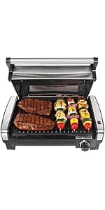 Hamilton Beach Electric Indoor Searing Grill with Adjustable Temperature Control to 450F, 118 sq. in. Surface Serves 6, PFAS-Free Removable Nonstick Grate, Stainless Steel (25360)