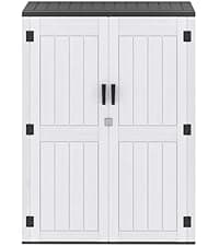 DWVO Outdoor Vertical Storage Shed with 2 Shelves, 49 Cu Ft Waterproof Resin Garden Shed with Floor & Lockable Door, Plastic Tall Tool Cabinet for Garbage Cans, Lawn Equipment, Garden Supplies (Gray)