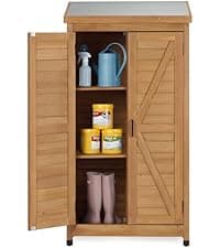 58''x30''x18'' Outdoor Wooden Storage Shed with Metal Top Tall Vertical Tool Cabinet for Backyard Garden Patio Lawn (Gold)