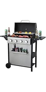 3 Burner Small Propane Gas Grill with Porcelain-Enameled Grates & Thermometer, Stainless Steel BBQ Grill 25650 BTU with Folding Side Tables for Outdoor Cooking Kitchen, Garden, Patio