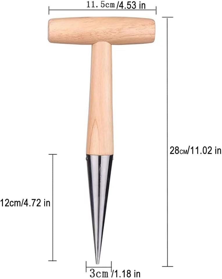 Hand Dibber Stainless Steel Sow Dibbler with Wooden Handle Garden Hole Punch Dibbler Tool for Planting Flowers Tulips, Transplanting Plants,Transplanting Seedling (Garden Dibbler)