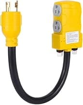 Heavy Duty 30Amp to 20 Amp 120V RV Distribution Adapter. Generator Locking Plug NEMA L5-30P Male to Female Receptacle 4*5-20R/5-15R with Circuit Breaker.RV Generator Adapter Cord 1.5FT，Yellow