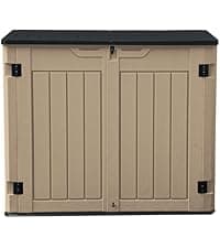 DWVO 35 Cuft Outdoor Horizontal Storage, Waterproof Resin Storage Shed with Floor and Multiple Accesses for Garden Tools, Easy Assembly, Brown (No Shelf Included)