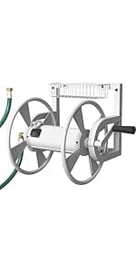 Outdoor Wall Mounted Hose Reel with Hook, Garden Heavy-Duty Water Hose Holder Winder with 3.9 ft Leader Hose, Brass Fitting and Storage Basket for Yard, Holds 125 Ft of 5/8-Inch Hose, White