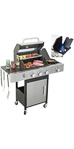 3 Burner Small Propane Gas Grill with Porcelain-Enameled Grates & Thermometer, Stainless Steel BBQ Grill 25650 BTU with Folding Side Tables for Outdoor Cooking Kitchen, Garden, Patio