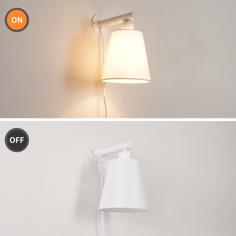White Plug in Wall Sconces Set of Two, White Wall Sconce with Cord, Bedside Wall Lamps Plug in Set of 2 with Fabric Linen Shade, Wall Decor Bedroom Sconces for Living Room Hallway Porch