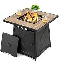 Nuu Garden Propane Fire Pit Table, CSA Certified 42 Inch 50,000 BTU Outdoor Propane Gas Cabinet Rectangle Fire Pit Table, Ceramic Tabletop, Rattan and Iron Frame, with Lid and Fire Glass Beads, Black
