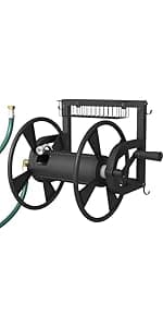 Outdoor Wall Mounted Hose Reel with Hook, Garden Heavy-Duty Water Hose Holder Winder with 3.9 ft Leader Hose, Brass Fitting and Storage Basket for Yard, Holds 125 Ft of 5/8-Inch Hose, White