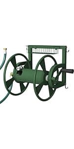 Outdoor Wall Mounted Hose Reel with Hook, Garden Heavy-Duty Water Hose Holder Winder with 3.9 ft Leader Hose, Brass Fitting and Storage Basket for Yard, Holds 125 Ft of 5/8-Inch Hose, White