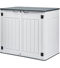 DWVO Outdoor Vertical Storage Shed with 2 Shelves, 49 Cu Ft Waterproof Resin Garden Shed with Floor & Lockable Door, Plastic Tall Tool Cabinet for Garbage Cans, Lawn Equipment, Garden Supplies (Gray)