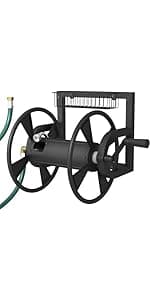 Outdoor Wall Mounted Hose Reel with Hook, Garden Heavy-Duty Water Hose Holder Winder with 3.9 ft Leader Hose, Brass Fitting and Storage Basket for Yard, Holds 125 Ft of 5/8-Inch Hose, White