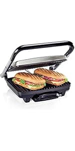 Hamilton Beach Panini Press Sandwich Maker & Electric Indoor Grill with Locking Lid, Opens 180 Degrees for any Thickness for Quesadillas, Burgers & More, Nonstick 8" x 10" Grids, Red (25462Z)