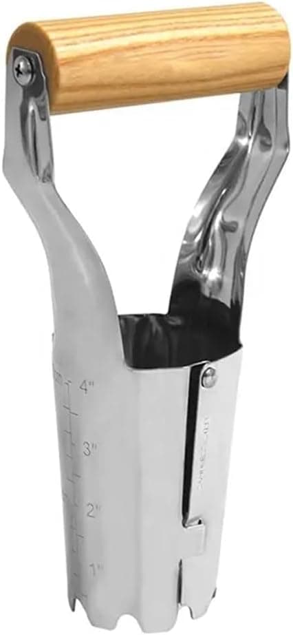 Bulb Planter Tool, 4 Inches Depth Mark Hand Bulb Planter, Non-Bending Stainless Steel Bulb Planter Digger, Garden Bulb Transplanter with Comfortable Grip Wooden Handle for Tulip and Daffodils