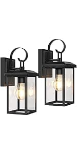 Outdoor Wall Light Fixtures, Exterior Waterproof Lanterns, Porch Sconces Wall Mounted Lighting with E26 Sockets & Glass Shades, Modern Matte Black Wall Lamps for Patio Front Door Entryway, 2-Pack