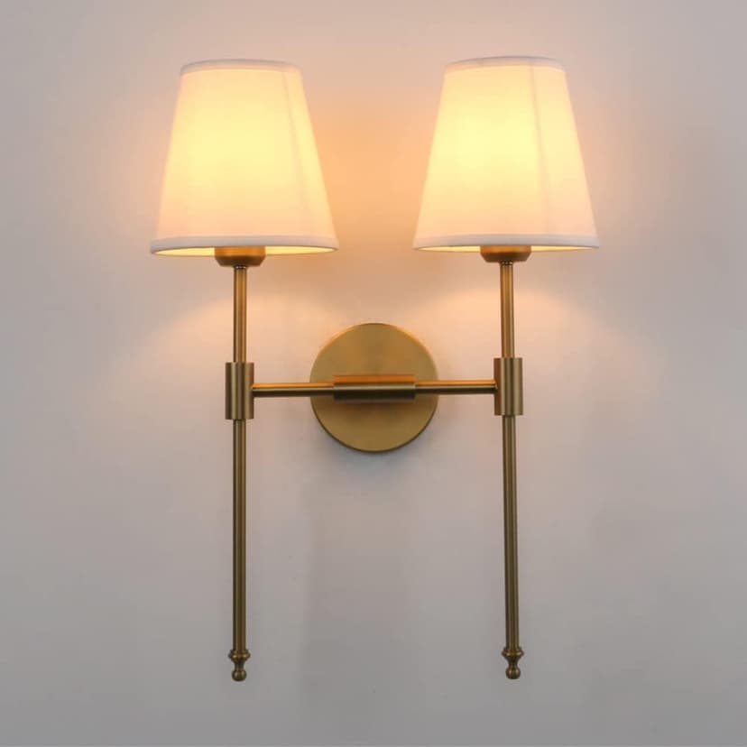 PERMO Classic Rustic Double Sconce 2-Lights Wall Sconce Lighting Fixture with Flared White Textile Lamp Shade and and Antique Brass Finished Long Arm,Wall Sconce Light Fixture for Bathroom Bedroom