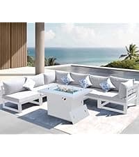 NICESOUL Modern Aluminum Outdoor Furniture Set with Propane/Gas Fire Pit, 29" Deep Seat Wide All Weather Outdoor Conversation Set, 7 Piece L-Shaped Modular Sectional Sofa for Poolside, Dark Gray