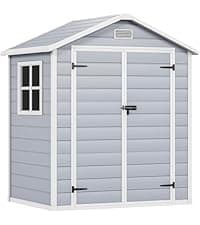 DWVO 60 Cuft Outdoor Tall Storage Shed with 2 Shelves, Weatherproof Vertical Tool Shed with Floor & Lockable Doors, Sturdy Double-Wall Plastic Cabinet for Garbage Cans and Garden Equipment (Gray)
