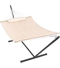 Lazy Daze Hammocks Cotton Fabric Spreader Bar Hammock and 10.5 Ft Wood Arc Hammock Stand Combo, for Indoor, Outdoor,Patio, Backyard, Khaki and Brown