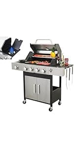 3 Burner Small Propane Gas Grill with Porcelain-Enameled Grates & Thermometer, Stainless Steel BBQ Grill 25650 BTU with Folding Side Tables for Outdoor Cooking Kitchen, Garden, Patio
