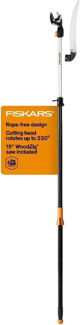 Fiskars 2-in-1 Extendable Tree Pruner and Pole Saw (Extends 7.9 - 12 feet) with Rotating Head, Pruning Stik Model with15-Inch Double-Grind Saw Blade, and Double Locking System