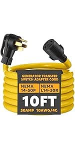 Kanayu Generator Transfer Switch Adapter Cord Compatible with NEMA L5-30P to L14-30R, 30 Amp Locking 3 Prong to 4 Prong Generator Adapter RV Generator to House Inlet Box, STW 10 AWG, ETL Listed(10ft)