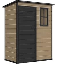 DWVO 35 Cuft Outdoor Horizontal Storage, Waterproof Resin Storage Shed with Floor and Multiple Accesses for Garden Tools, Easy Assembly, Brown (No Shelf Included)